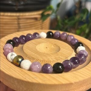 Handmade Lepidolite + Amethyst + Black Tourmaline + Howlite Beaded Bracelet